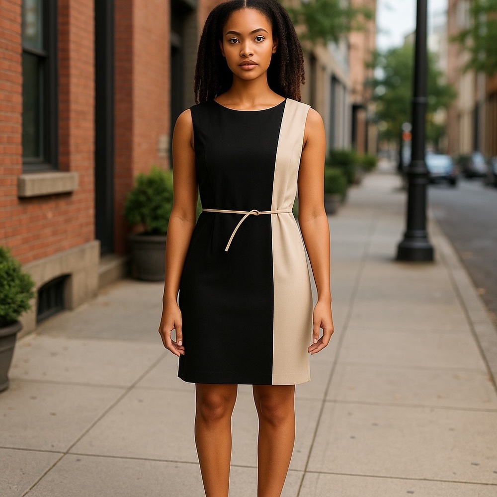 Elegant Calvin Klein Black and Tan Colorblock Dress
